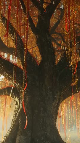 Swaying Red Ribbons and Gold Chains on Ancient Tree in Autumn Glade Vertical Video