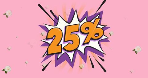 Colorful and eye-catching design features bold, comic-style '25%' text with surrounding flowers, suggesting a focus on sales and promotions. Suitable for marketing materials, advertising discounts, retail contexts, seasonal sales campaigns, or social media posts aimed at attracting attention and conveying a sense of excitement and urgency associated with shopping and savings.