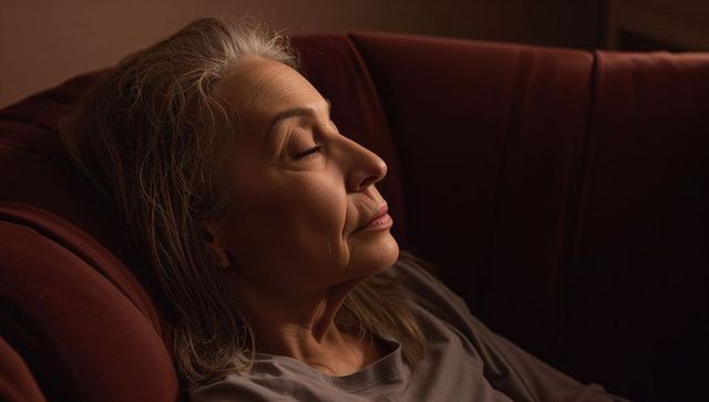 Serene senior woman reclining on maroon armchair resting with closed eyes, calm portrait