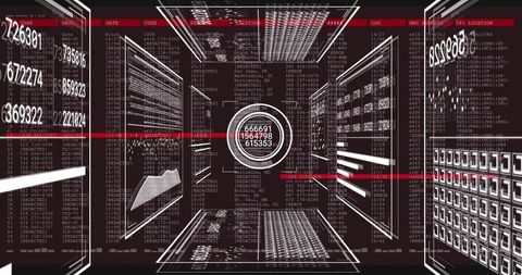 Futuristic digital corridor with moving numeric display and data streams