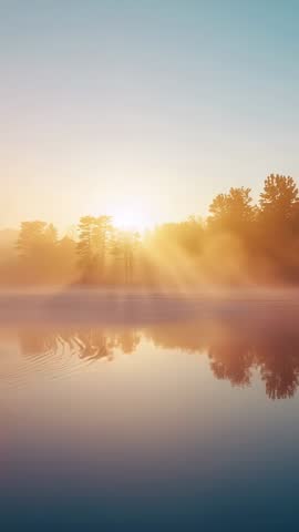 Sunrise Mist Lifting Over Lake Trees Casting Golden Rays and Mirror Reflections - Vertical Video