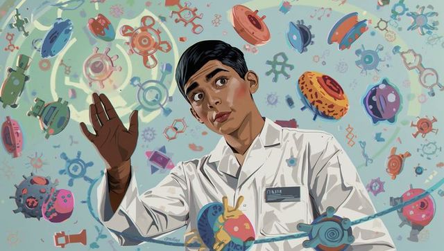 Young scientist exploring holographic molecular simulation, reaching through virtual gears