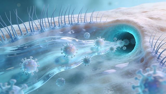 Flowing mucus carrying spiked viruses entering ciliated epithelium pore 3d medical visualization
