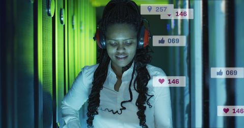 IT Technician Analyzing Social Media Data in Server Room