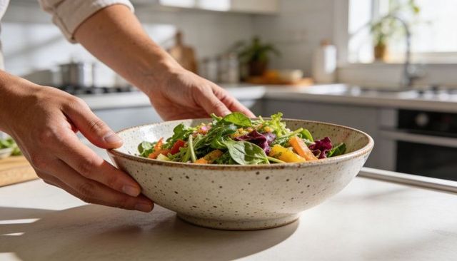 Placing hands steadying speckled ceramic bowl of fresh green salad on sunlit kitchen counter