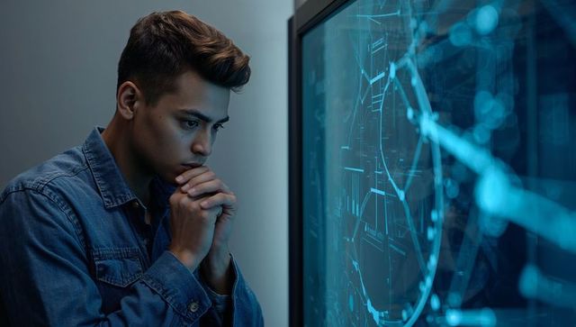 Young man studying holographic data display, concentrating on blue ai analytics dashboard