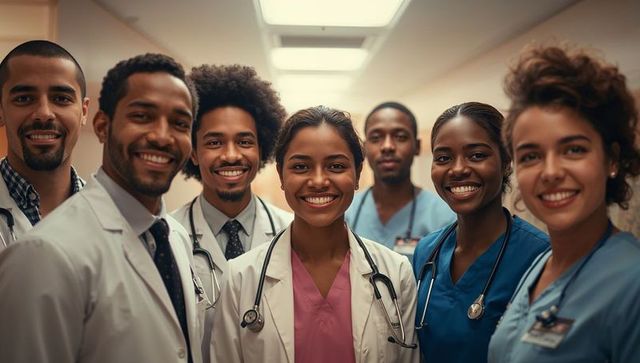 Diverse medical team smiling together in hospital hallway