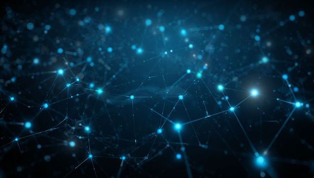 Glowing Blue Neural Network Grid Connecting Data Nodes Abstract Technology Background