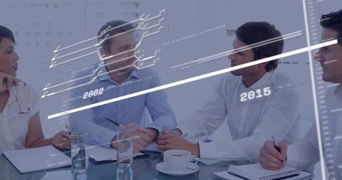 Business team discussing strategy with digital data overlay showing timeline analytics