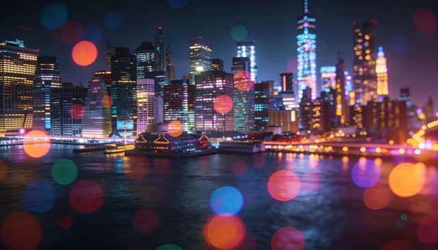 Neon city night skyline reflecting on river with bokeh lights and waterfront piers dreamlike urban g