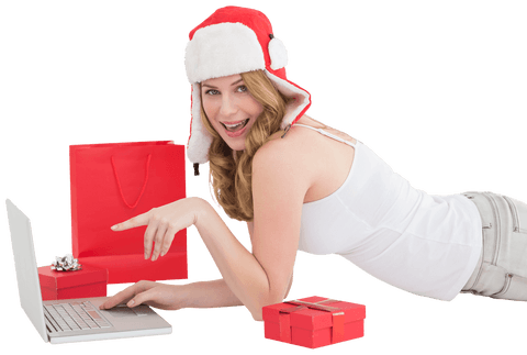 Festive Woman in Santa Hat Shopping Online, Transparent Background