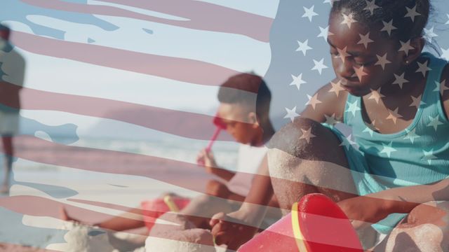 Images shows children playing with sand on a beach while an overlay of the American flag suggests themes of patriotism, summer holidays, and celebration. Suitable for topics on national holidays, summer activities, or diversity inclusion programs.