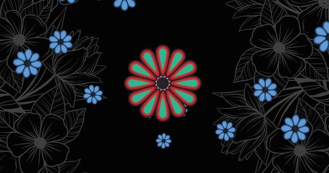 Colorful Floral Icons on Black Background Decorative Art
