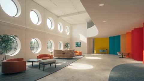Modern Reception Area with Circular Windows and Bold Color Panels
