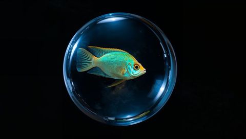 Turquoise fish swimming inside transparent glass orb floating on dark background minimal