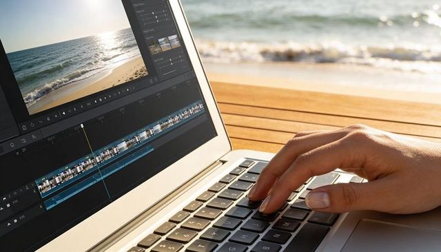 Editing video on laptop at sunny beach deck, hand typing on keyboard, coastal workspace