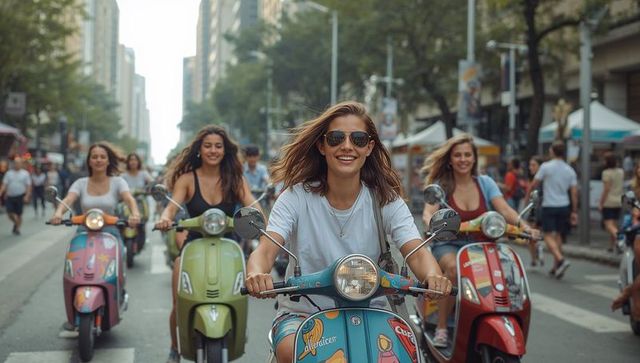 Friends Joyfully Riding Vintage Scooters Down City Avenue