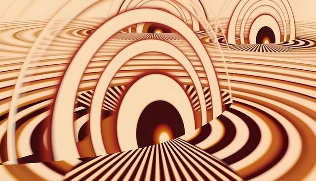 Surreal concentric archways forming striped landscape with glowing tunnel cores