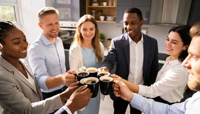 Diverse office team clinking coffee mugs celebrating collaboration in contemporary kitchen