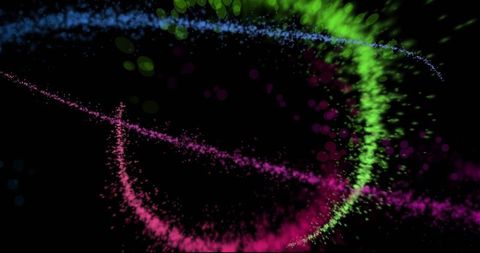 Colorful particle swirls on dynamic black background