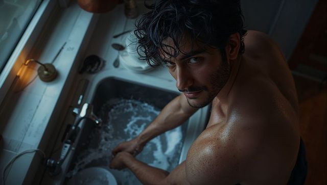 Shirtless man washing dishes at kitchen sink under moody window light with wet skin and soap suds