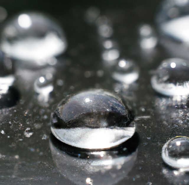 Image of close up of multiple rain drops on grey surface. Nature, rain, water and weather concept.