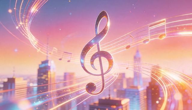 Iridescent treble clef floating over sunset city skyline with glowing musical staff