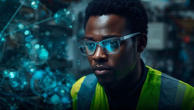 Engineer Wearing Clear Glasses and Neon Safety Vest Analyzing Blue Holographic Data Network