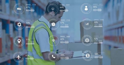Warehouse Worker Logging Inventory Data with Futuristic Overlays
