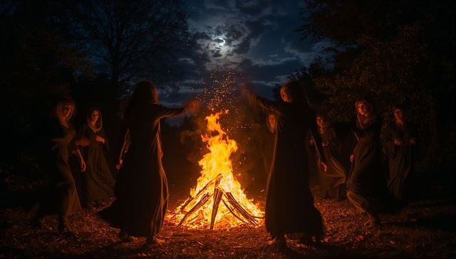 Mystical Women Dancing Around Nighttime Bonfire in Forest Clearing