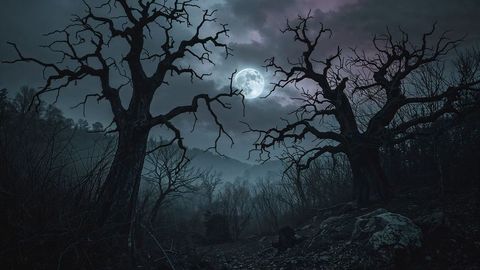 Mystical Moonlit Trees on Misty Rocky Hillside