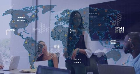 Businesswoman Presenting with Holographic World Map Overlay