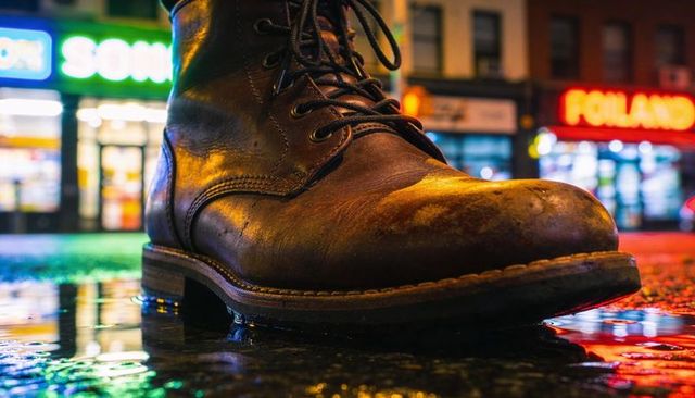 Worn brown leather lace-up boot standing on wet neon street reflecting rainy city lights