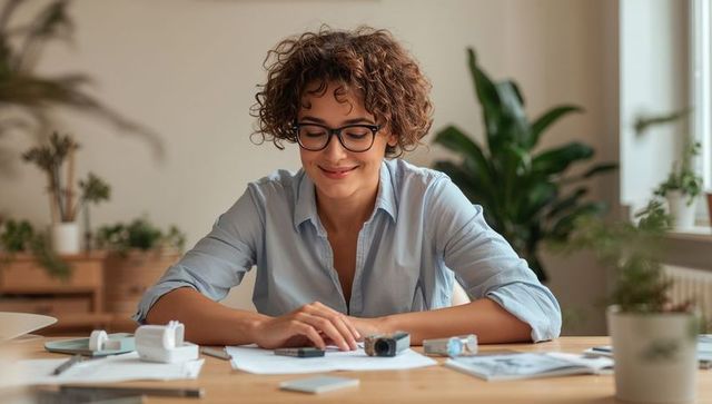 Smiling creative professional reviewing documents at sunlit desk with camera and plants
