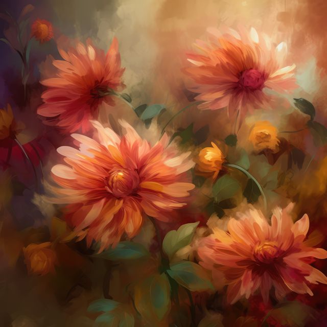 Colorful digital painting of orange flowers in full bloom offers creative and vibrant visual appeal. The rich colors and expressive brushstrokes make it perfect for use in creative projects, home decor, wall art, gift cards, or as a digital wallpaper.