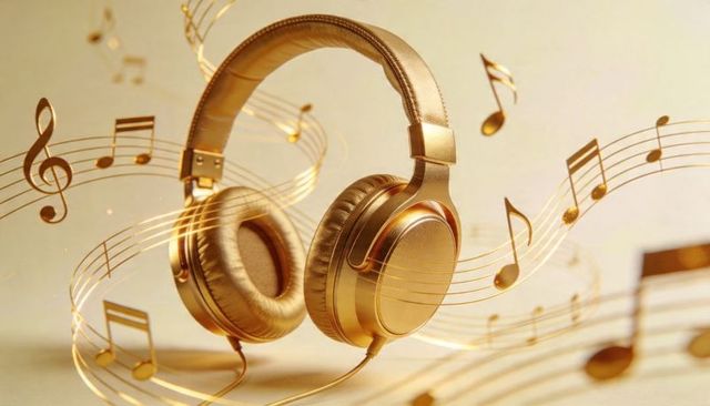 Luxurious gold headphones floating amid flowing golden musical notes and warm bokeh