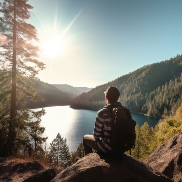 Caucasian male hiker sitting on rock and looking at lake created using generative ai technology - Download Free Stock Photos Pikwizard.com