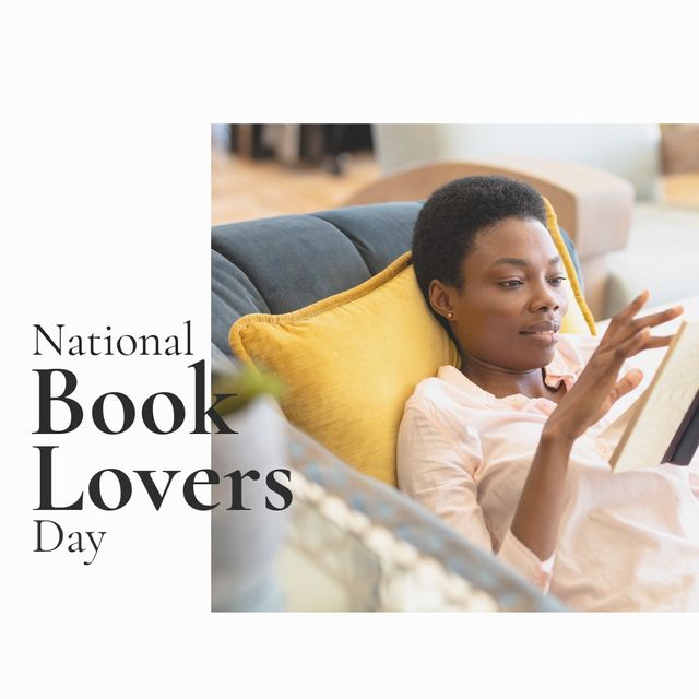 Composite of african american young woman reading book on sofa and national book lovers day text - Download Free Stock Videos Pikwizard.com