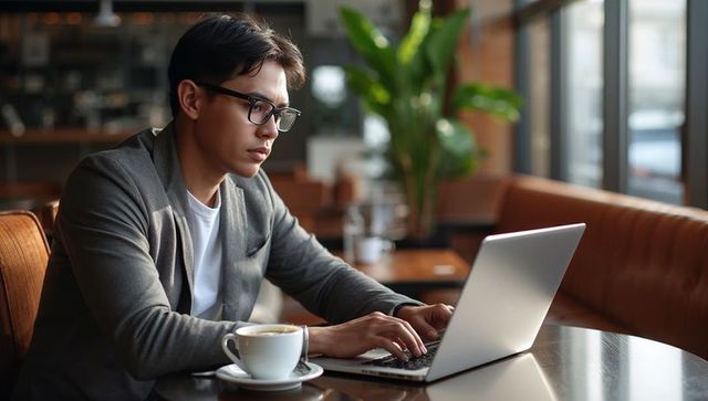 Young Asian man working remotely on laptop in cozy urban cafe, coffee and focus