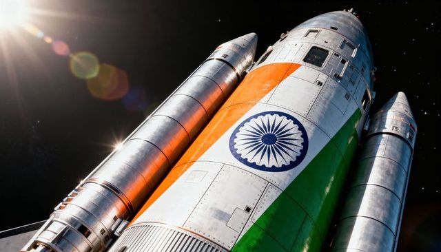 Indian Tricolor Rocket Core and Boosters Drifting in Orbit Featuring Ashoka Chakra Emblem