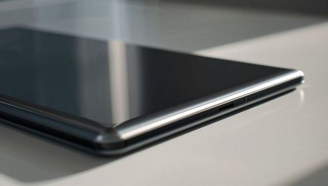Slim tablet with reflective glass and usb-c port, modern metal bezel close-up sunlit desk