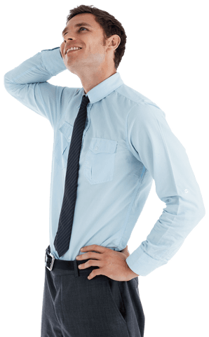 Confident businessman thinking with hand on head transparent style