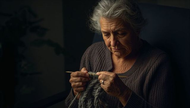 Elderly woman knitting chunky gray yarn with wooden needles, cozy intimate portrait