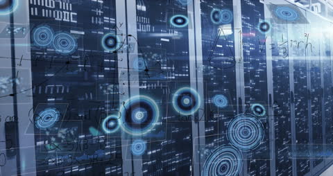 Futuristic Server Room with Data Interfaces and Holographic Technology