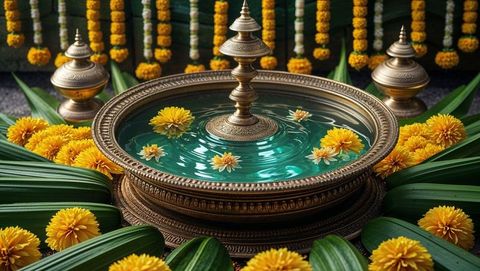 Ornate brass tradition: marigold floral arrangement with intricate craftsmanship, vishu festival