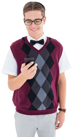 smiling man in argyle sweater using smartphone transparent background - Download Free Stock Videos Pikwizard.com