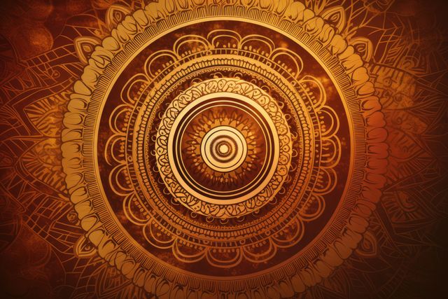 Gold mandala design on orange background, created using generative ai technology. Colour, pattern, design, symbol and spirituality concept digitally generated image.