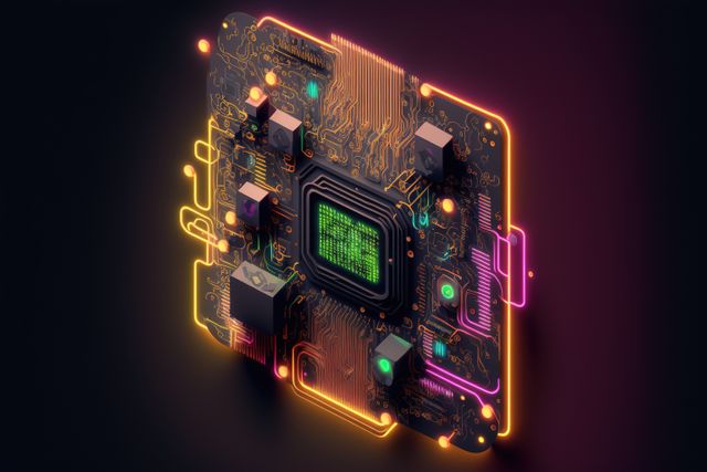 Neon computer processor on black background, created using generative ai technology. Computer microchip technology and digital information concept digitally generated image.