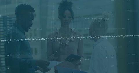 Diverse Team Collaborating with Data Overlay in Casual Office