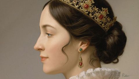 Elegant royal woman displaying intricate gold crown and gemstone earrings